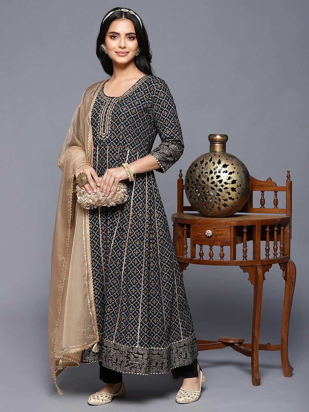 Black ethnic wardrobe with our 2 piece Anarkali Set with Dupatta