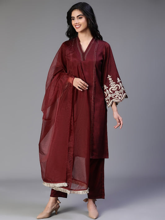 Maroon Premium3 PC Designer Kurta Set With Dupatta