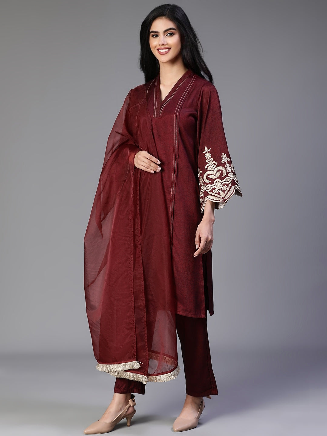 Maroon Premium3 PC Designer Kurta Set With Dupatta