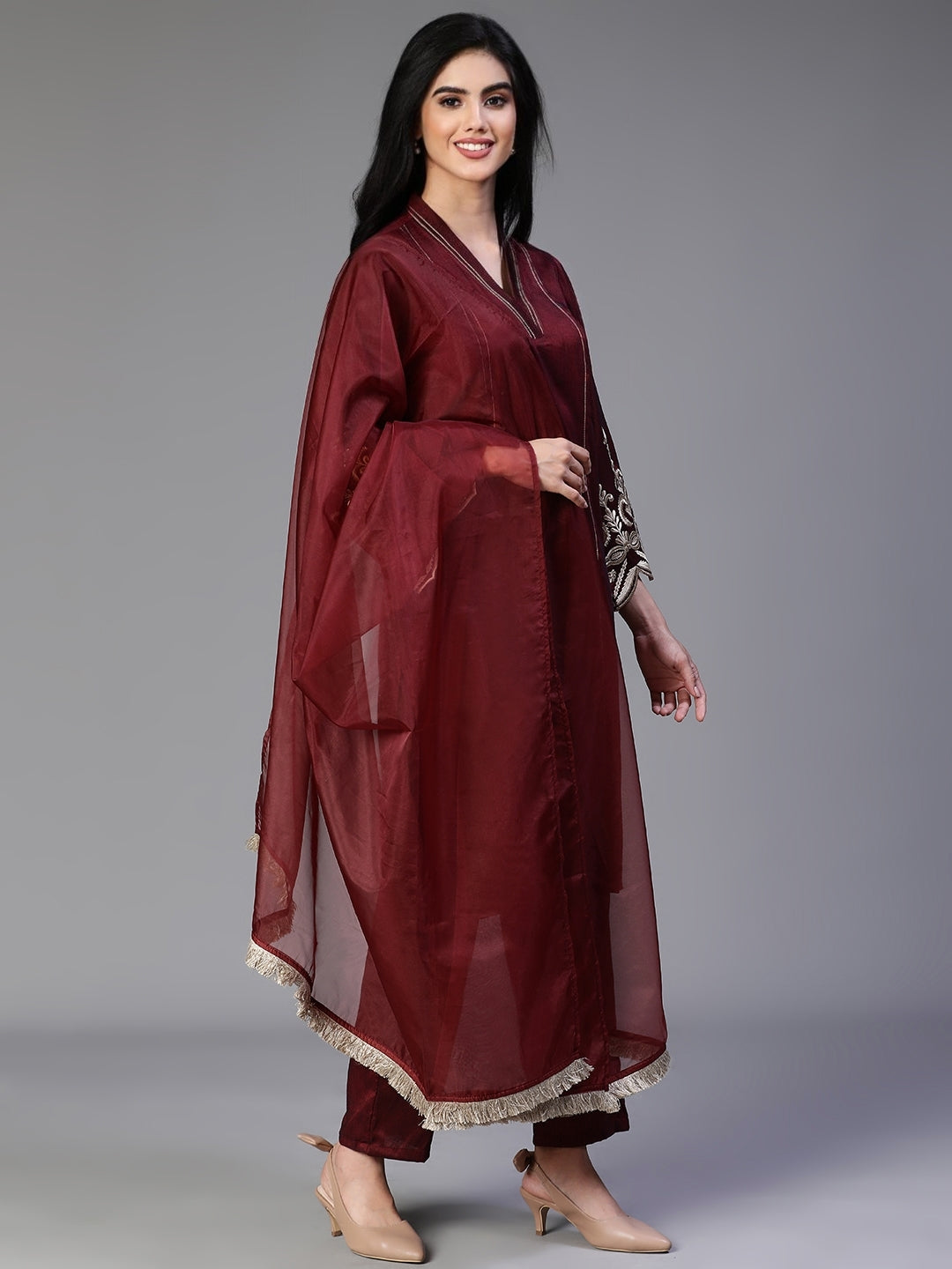 Maroon Premium3 PC Designer Kurta Set With Dupatta