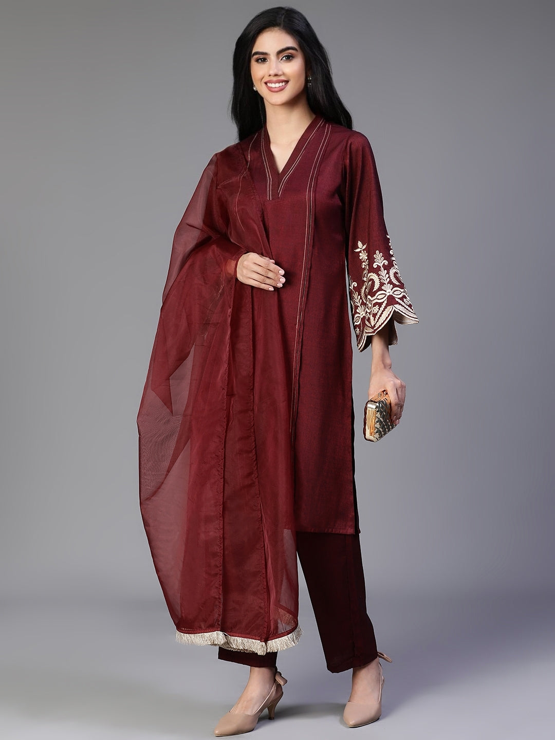 Maroon Premium3 PC Designer Kurta Set With Dupatta