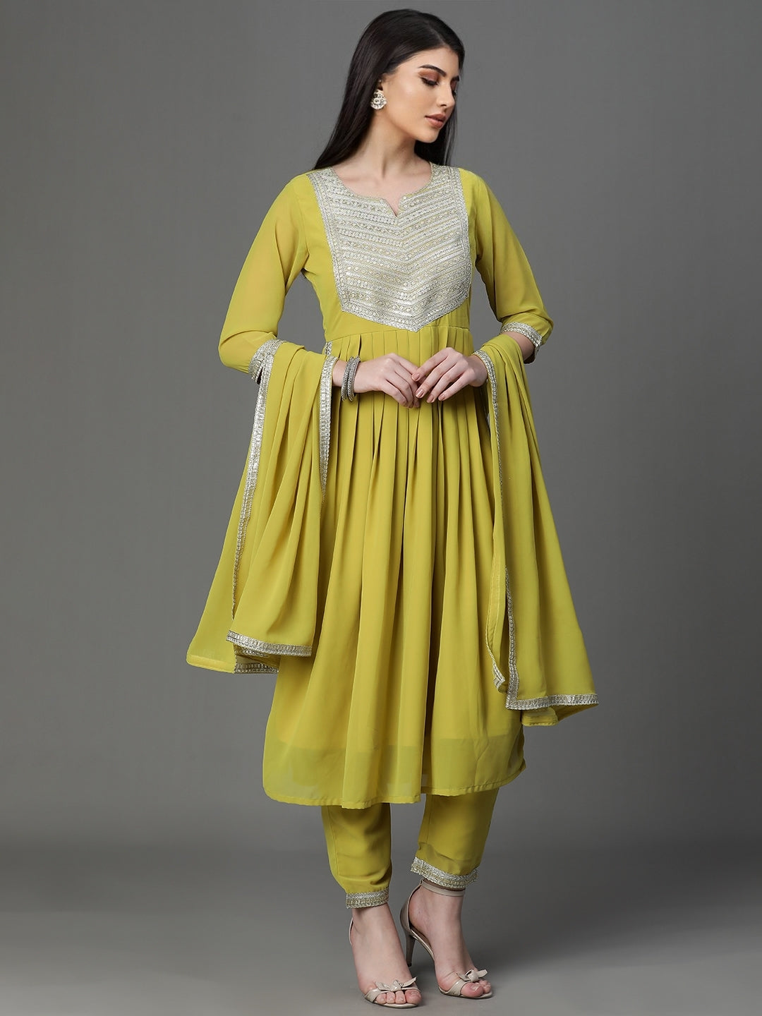 Olive Green Anarkali with Dupatta