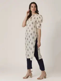 Cream Cotton Slub Printed Kurta