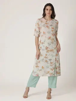 Off White Rayon Printed Kurta