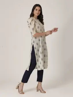 Cream Cotton Slub Printed Kurta