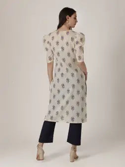 Cream Cotton Slub Printed Kurta