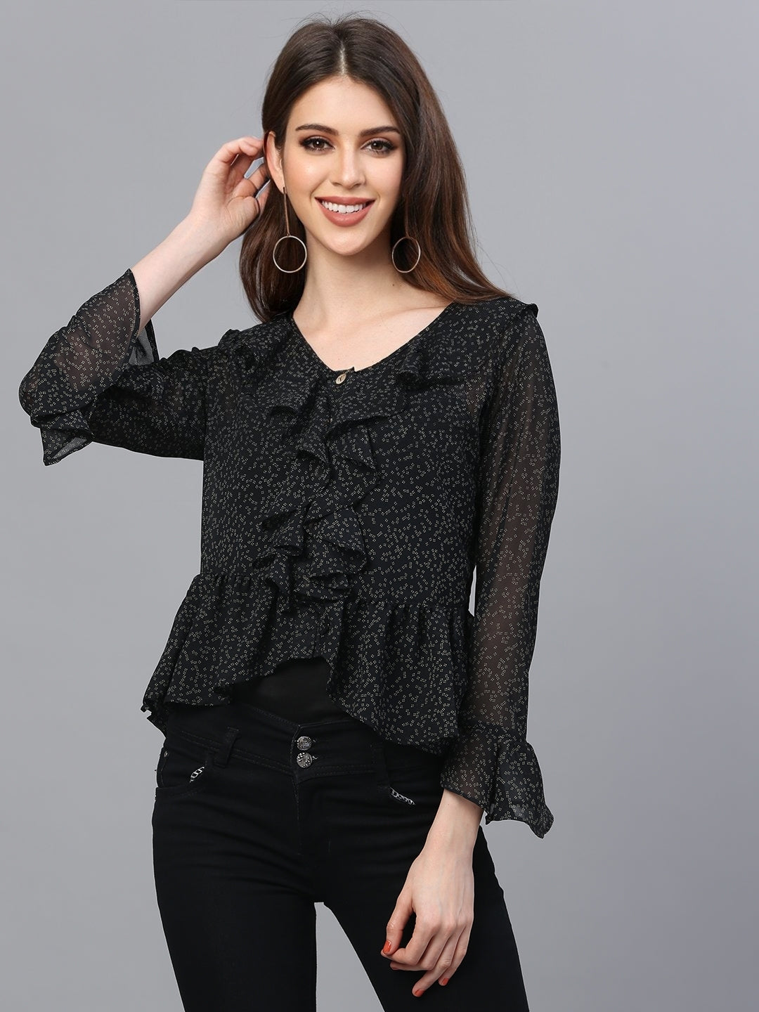 Black Georgette Printed Asymmetric Top