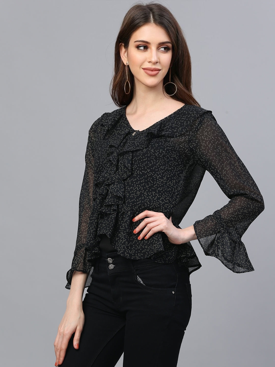 Black Georgette Printed Asymmetric Top