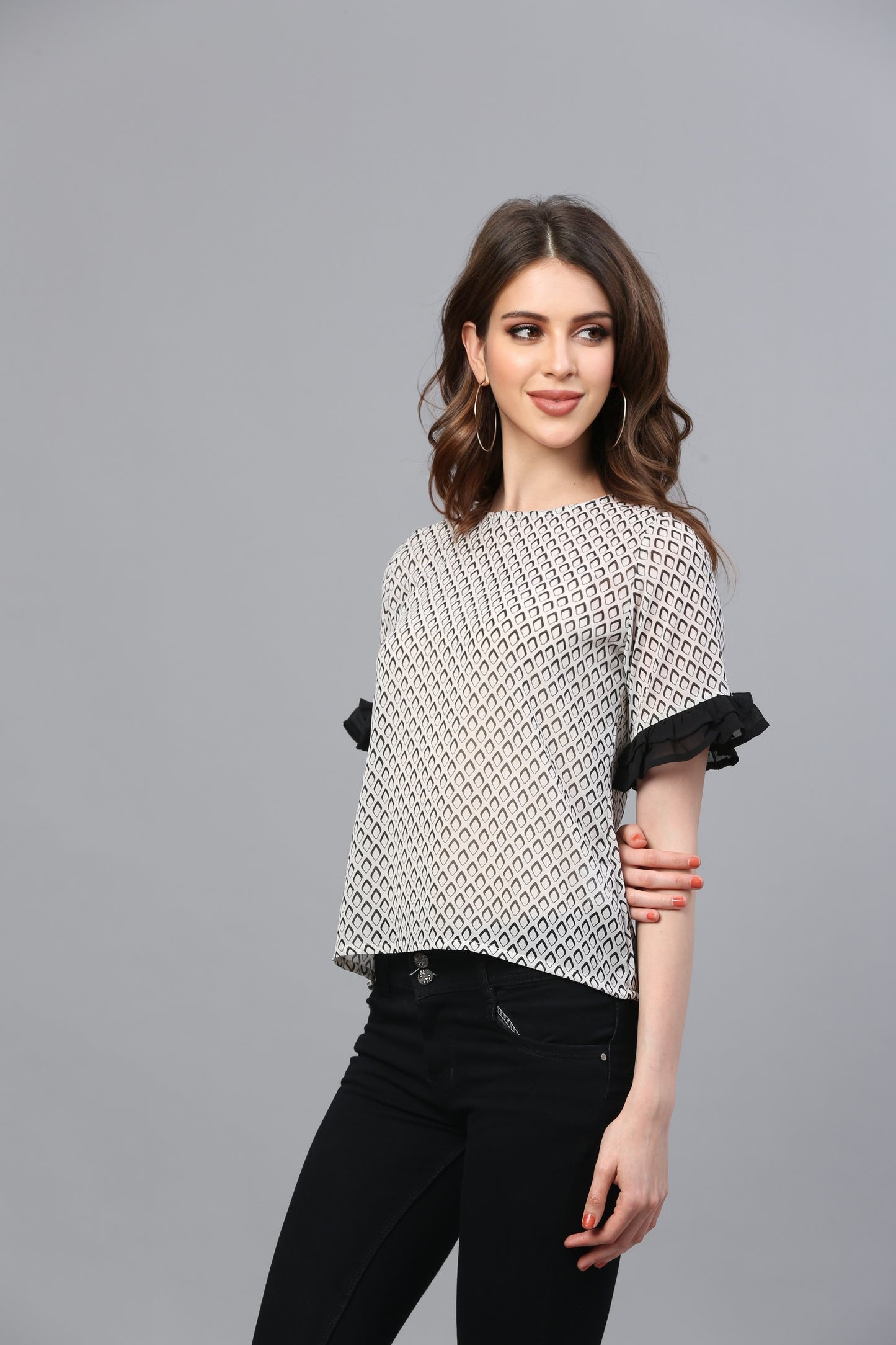 White Printed Georgette  Top