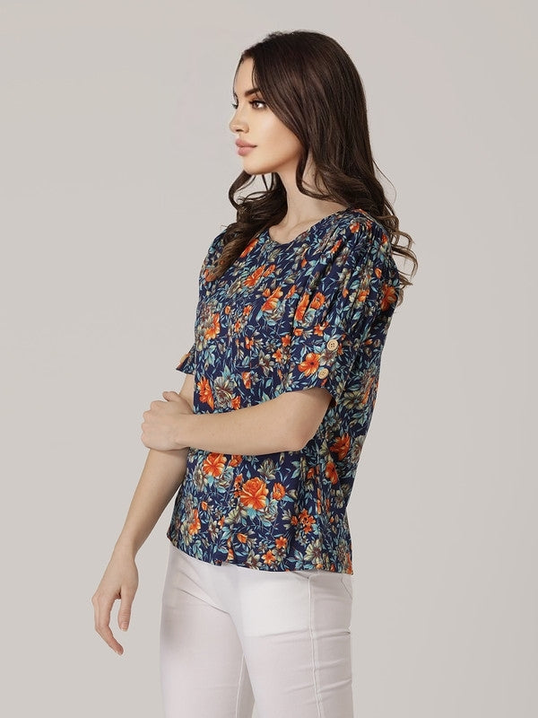 Blue Crepe floral printed top