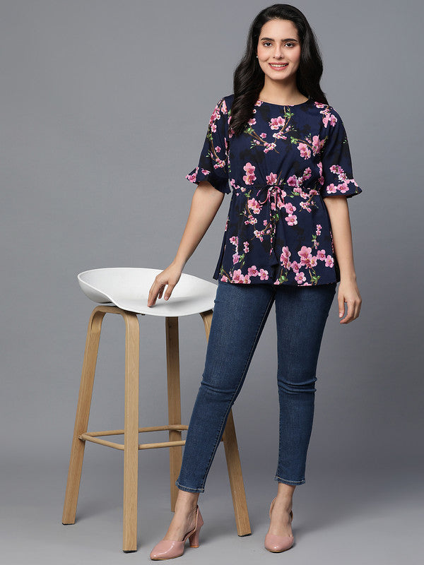 Blue Crepe Printed Top