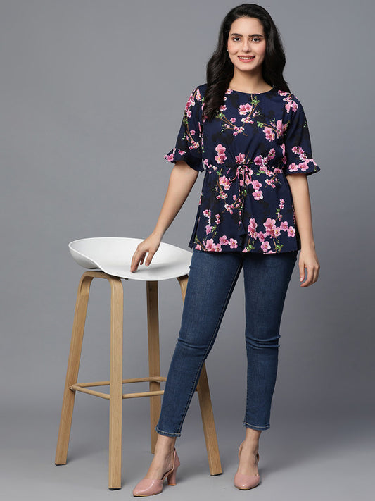 Blue Crepe Printed Top