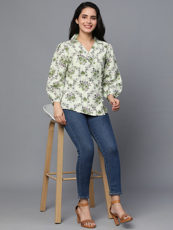 Green Cotton Printed Coat style top with collar