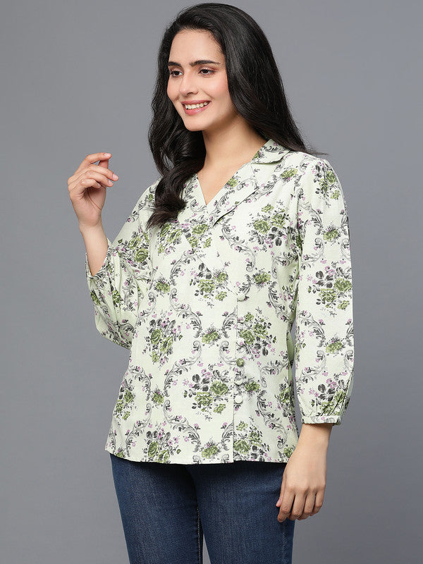 Green Cotton Printed Coat style top with collar