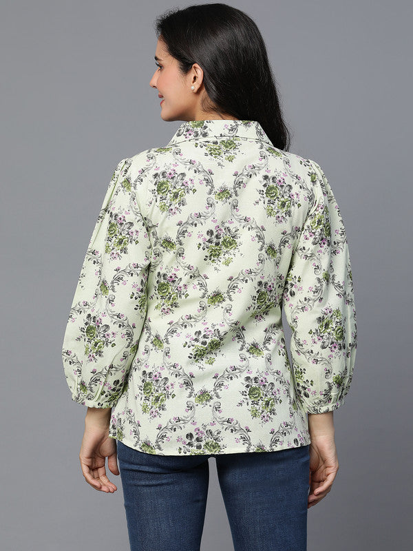 Green Cotton Printed Coat style top with collar