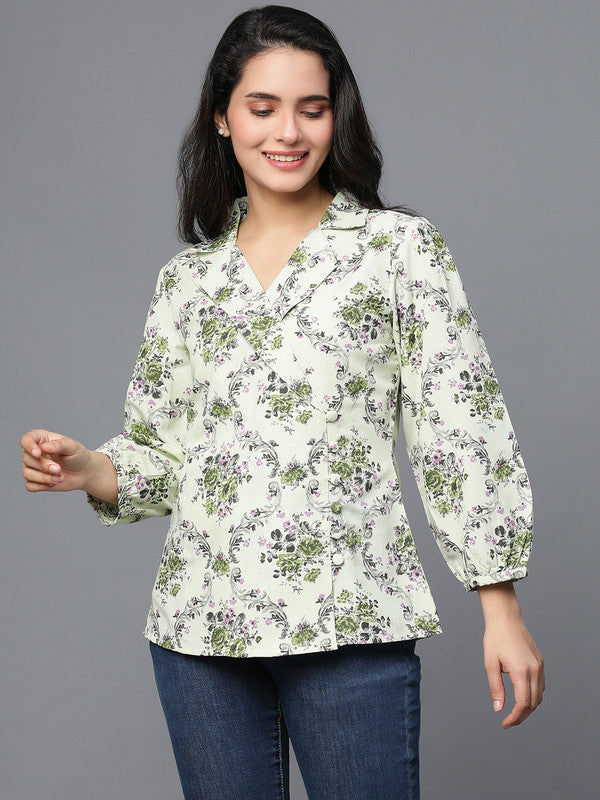 Green Cotton Printed Coat style top with collar