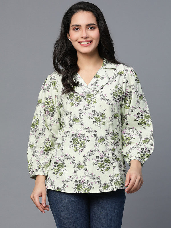 Green Cotton Printed Coat style top with collar