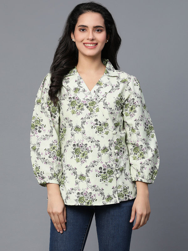 Green Cotton Printed Coat style top with collar