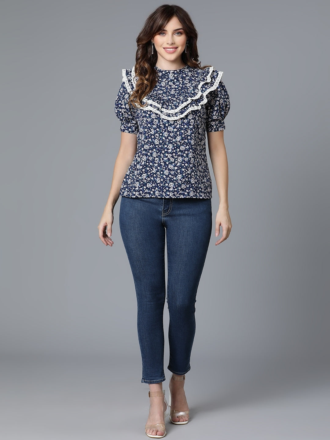 Blue Crepe Printed Top