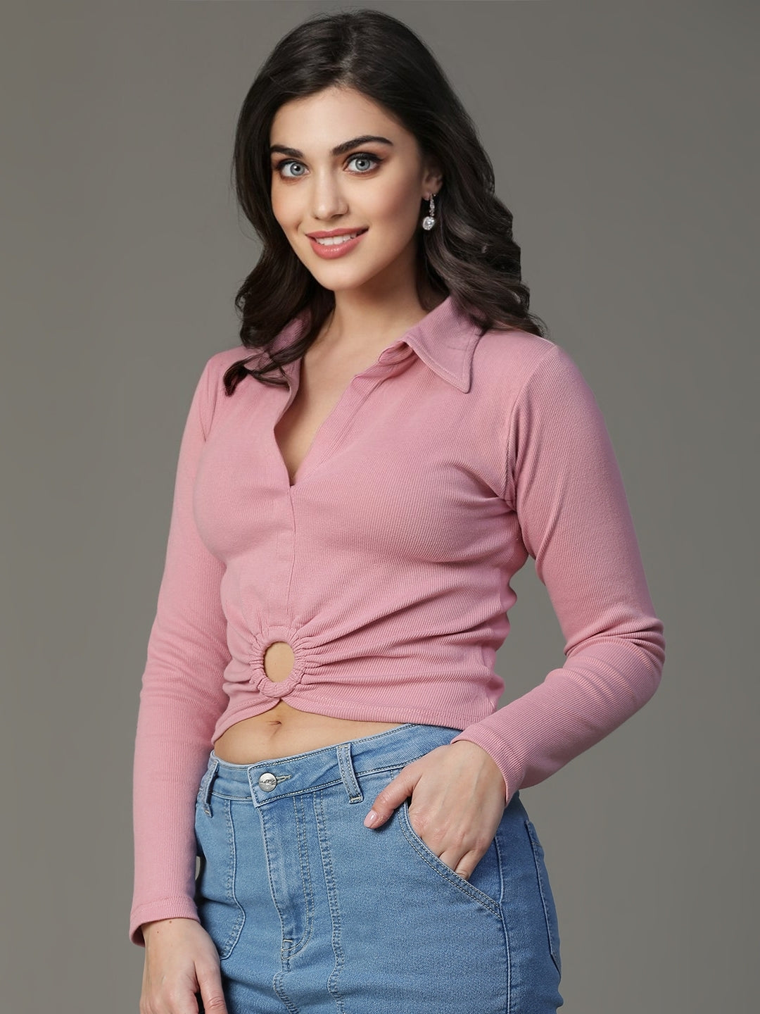 Pink Ribbed Cotton Stretchable Top