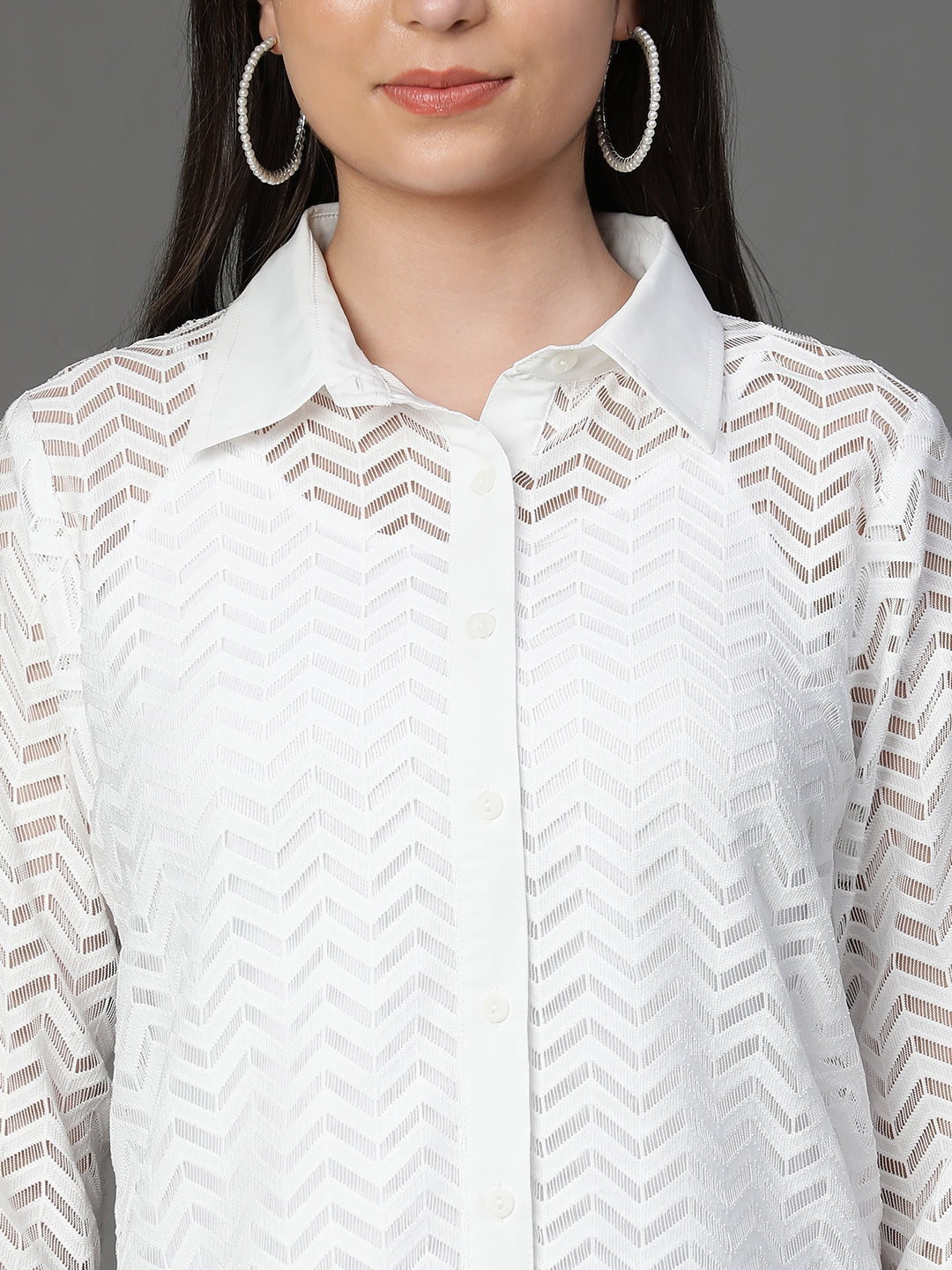 White Self Design Cotton Net Shirt