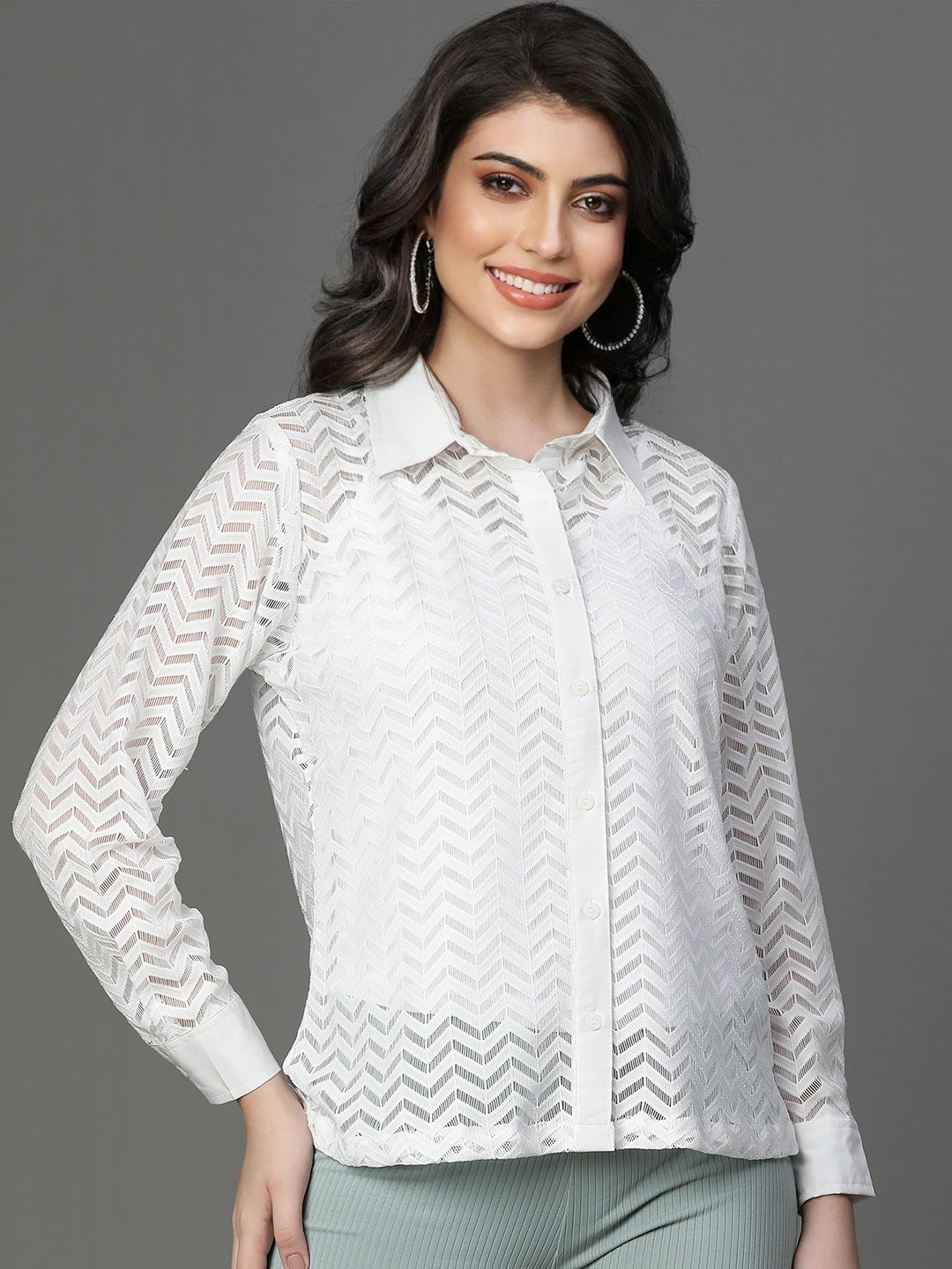 White Self Design Cotton Net Shirt