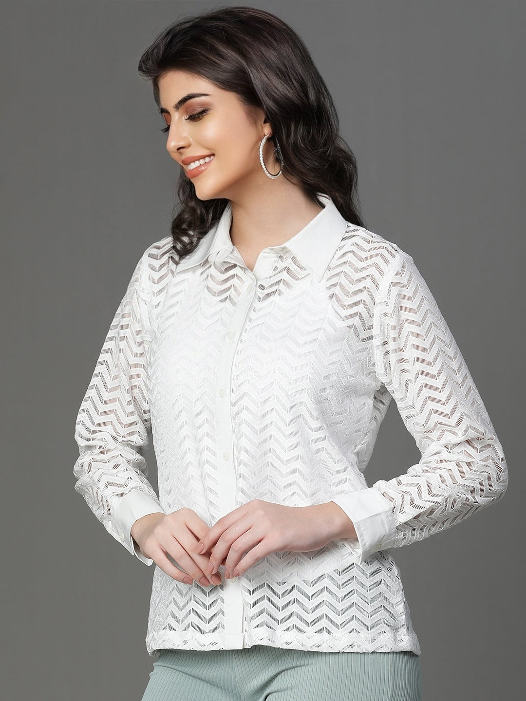 White Self Design Cotton Net Shirt