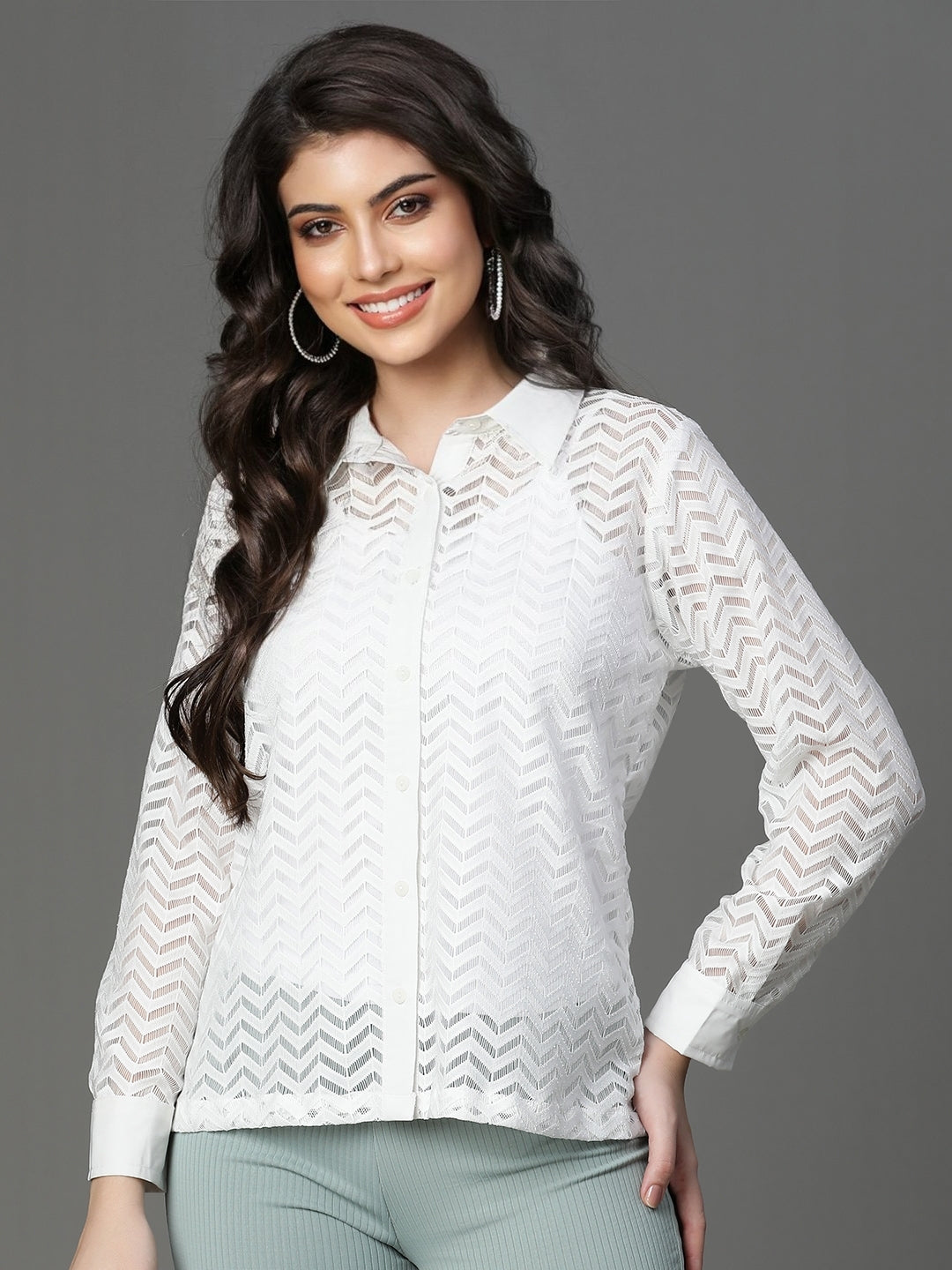 White Self Design Cotton Net Shirt