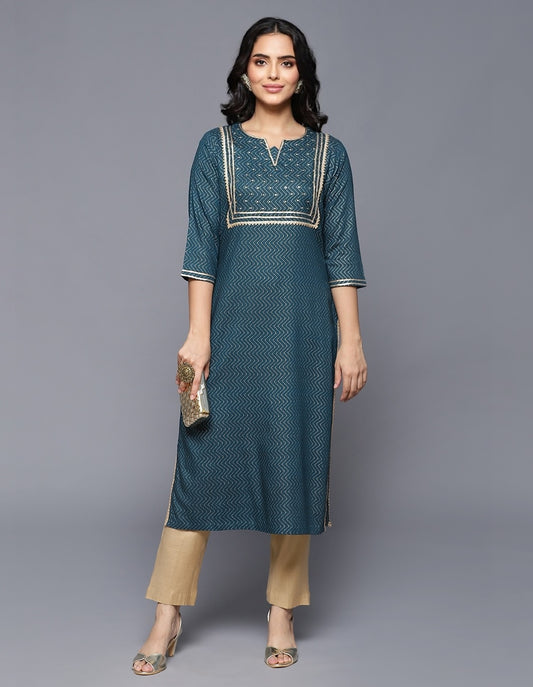 Blue Rayon Gold Printed Kurta