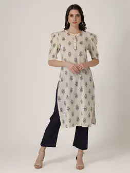 Cream Cotton Slub Printed Kurta